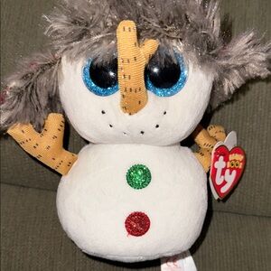 Ty beanie boos BUTTONS- Birthday Dec 6. Snowman Plush with Glittery Blue Eyes